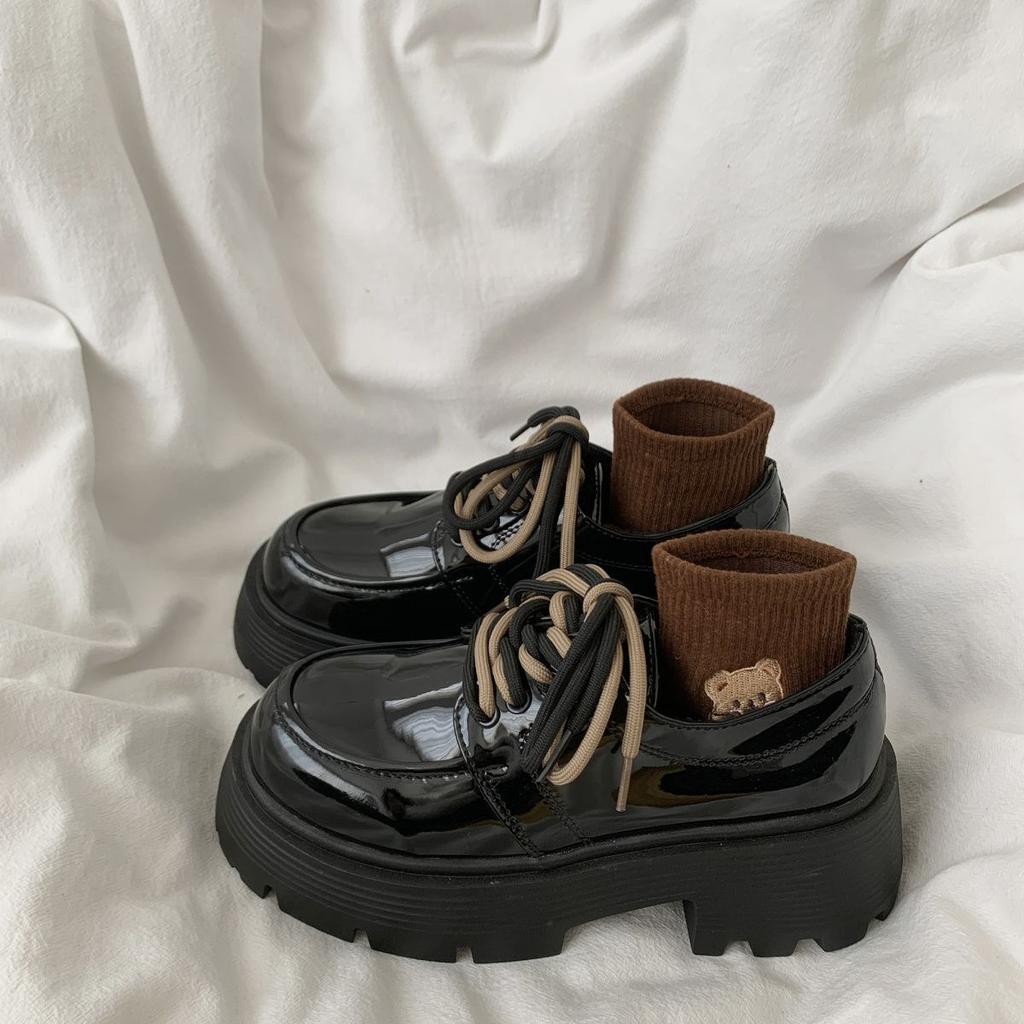 Thick heel thick sole heightened lace-up black small leather shoes women's autumn 2025 new versatile British style retro single shoes