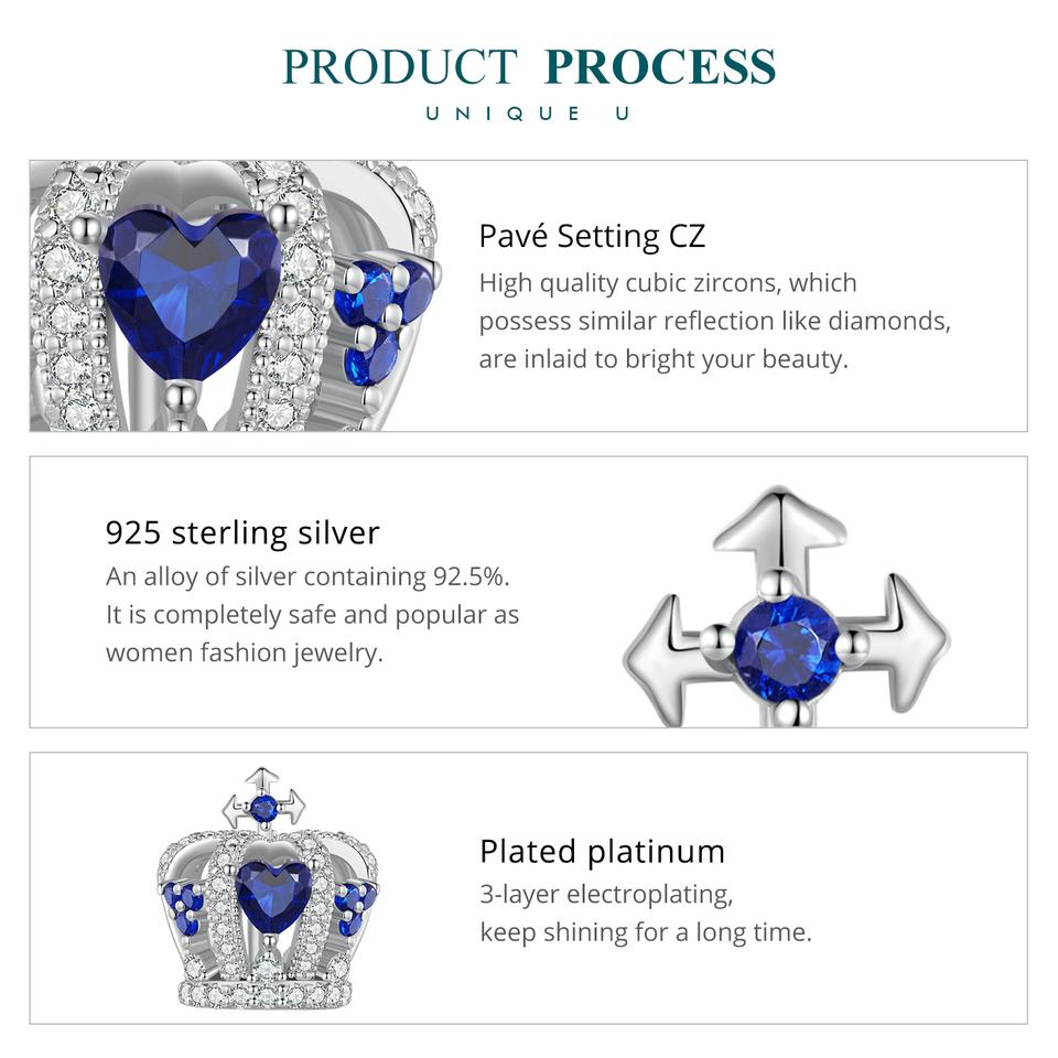 BAMOER 925 Sterling Silver Blue Heart Zircon Crown Bead Vintage Charms for Women Bracelet and Bangle DIY Fine Jewelry