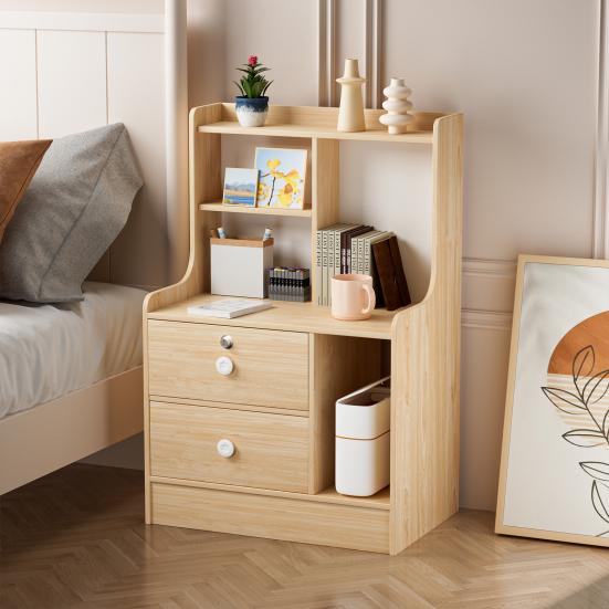 Bedside Table, Bedroom Nightstand, End Table with 2 Drawers and Opening Storage Shelves, Couch Table Wooden Bedside Table for Living Room
