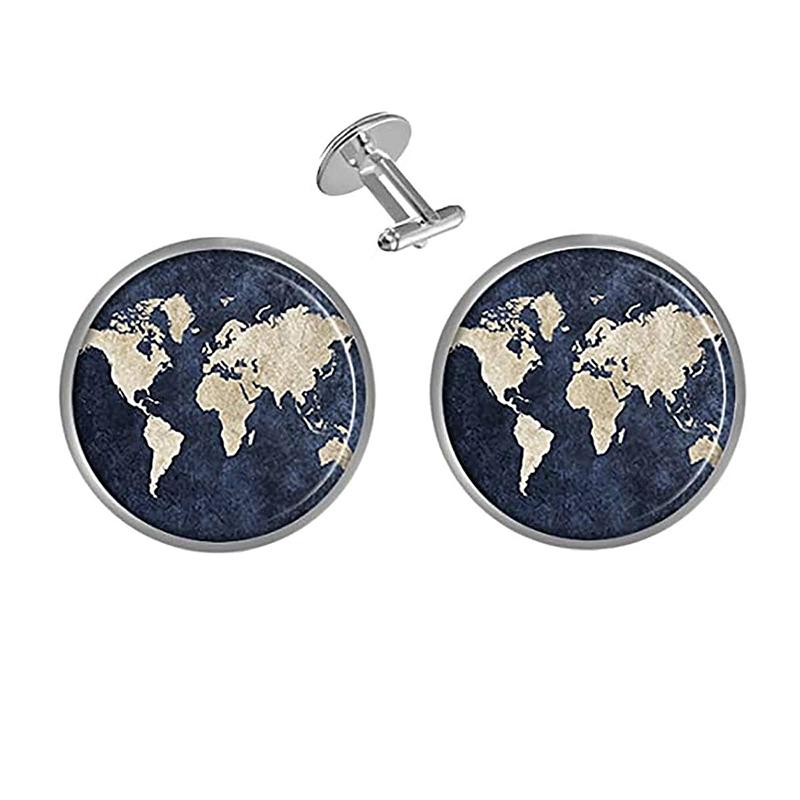 Vintage World Map Glass Cufflinks Silver Metal Cuff Links For Man Women Wedding Party Jewelry Accessories