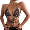 Stylish Rhinestones Feature Halter Neck Tie Strap Top Bra Mesh Chain For Fashion Women At Parties And Social Occasion