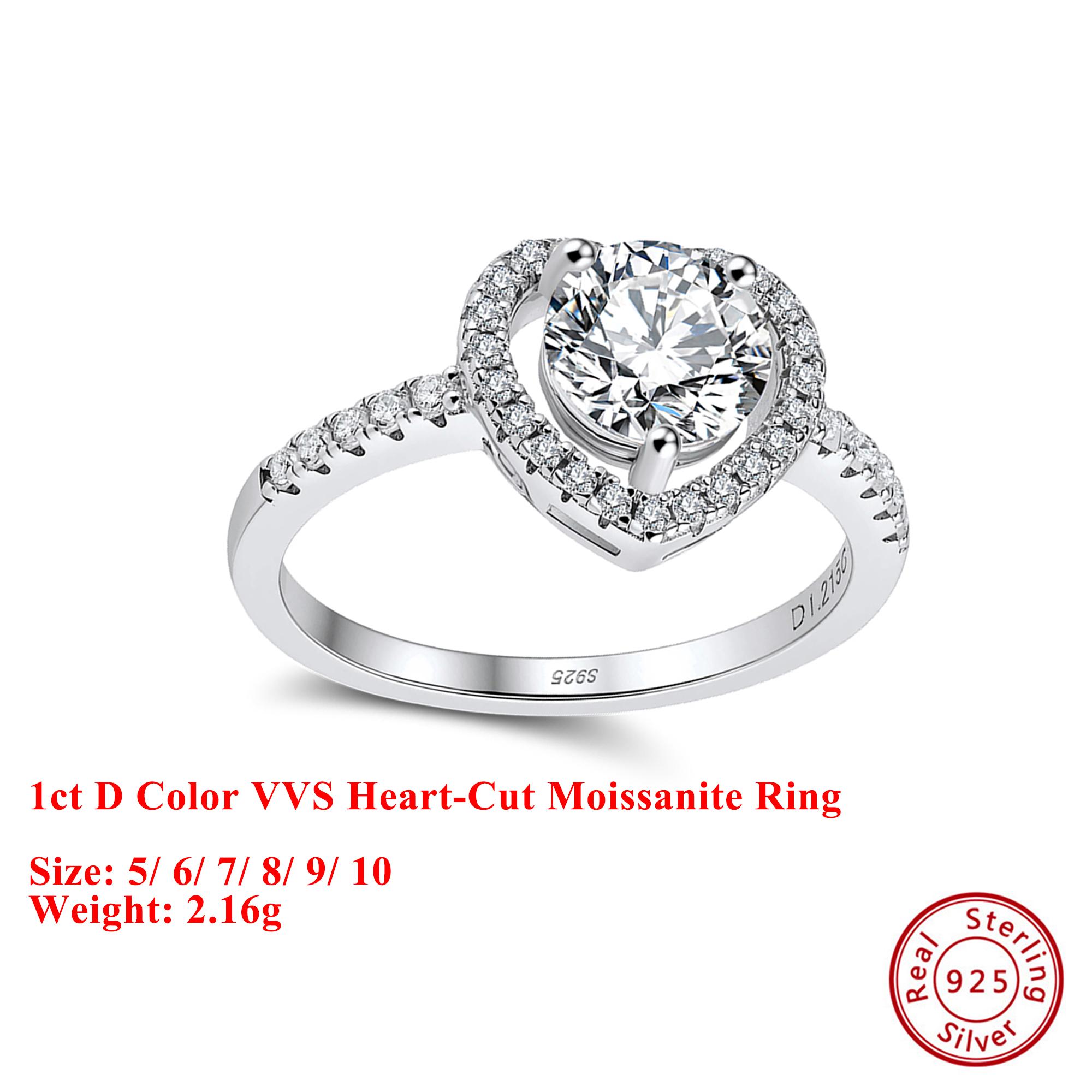 

Effie Queen Genuine 925 Silver 1ct Heart-Cut Moissanite Diamond Ring Romantic Jewelry for Women Wedding Valentine s Gift MOR14 5&1ct-Moissanite серебряный