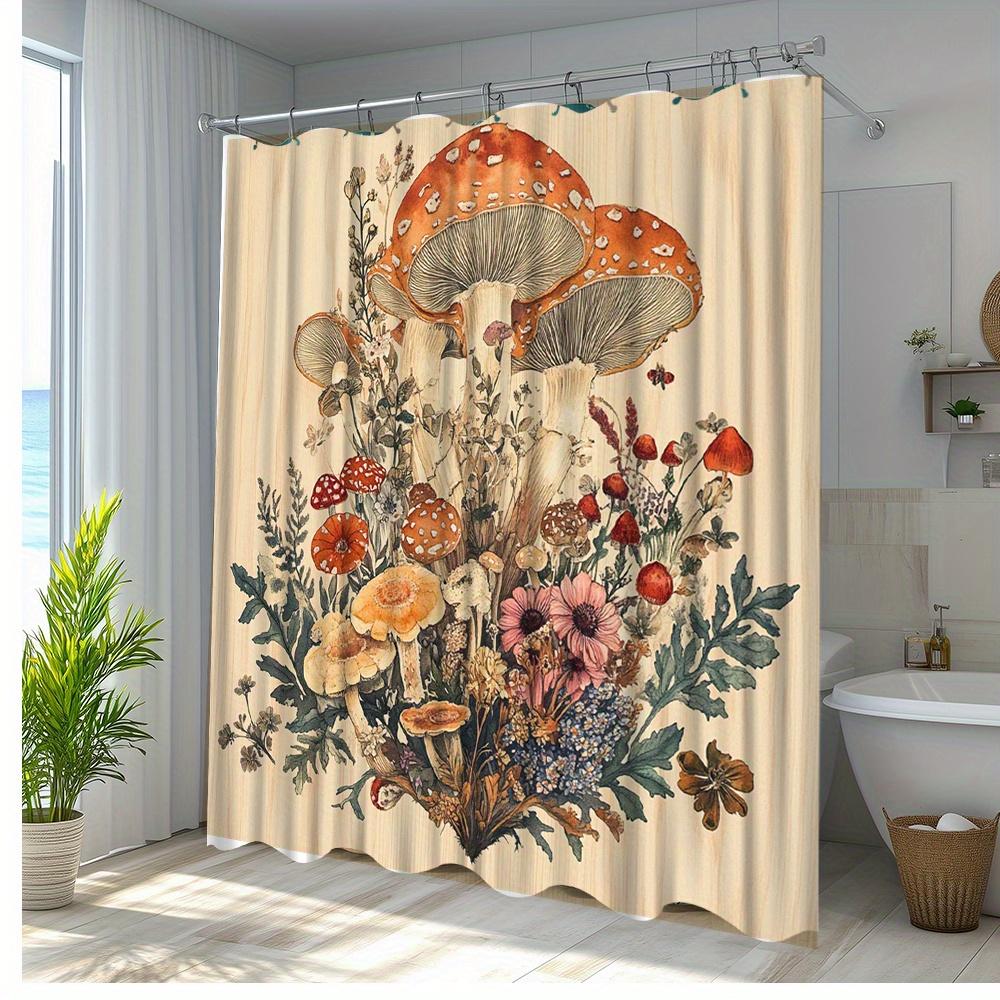 1Pc Colorful Floral Shower Curtain With Beautiful Mushroom Prints, Decorative Bath Curtain In Polyester Fabric For Bathroom,