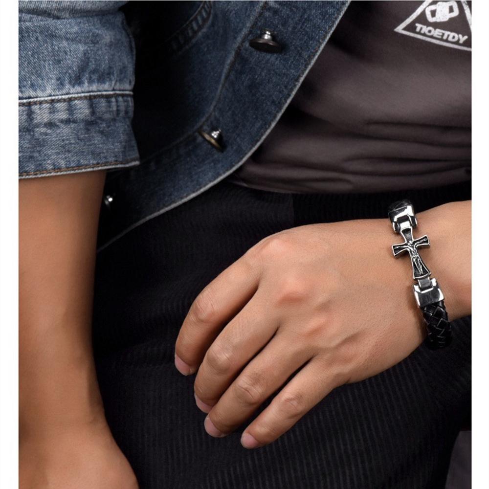 Classic Mens Leather Bracelet Stainless Steel Religious Bangles for Men Women The Cross of Jesus Catholic Jewelry Gifts