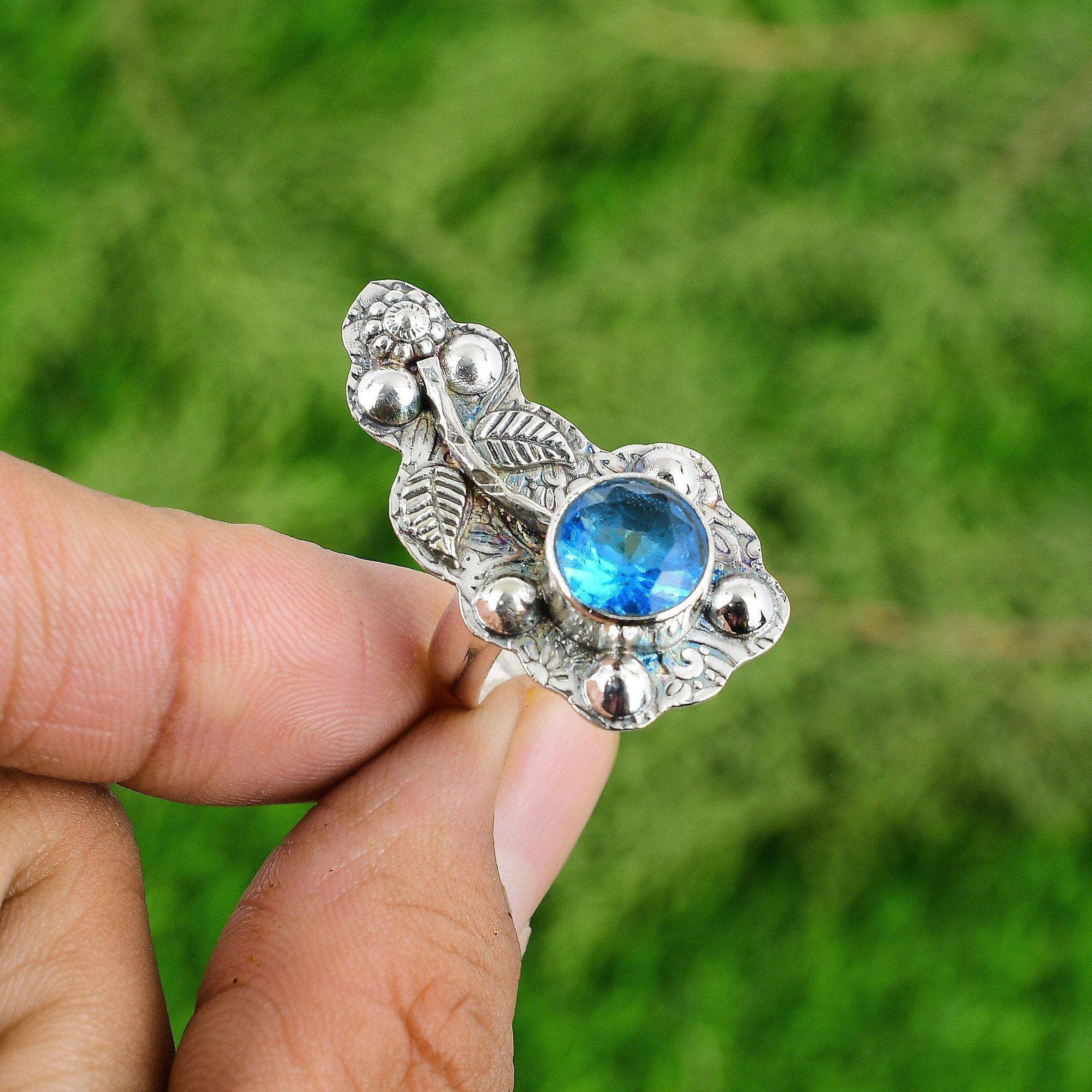 

Натуральный швейцарский голубой топаз стерлинговое серебро цветок безель эффектное кольцо с несколькими камнями Adjustable