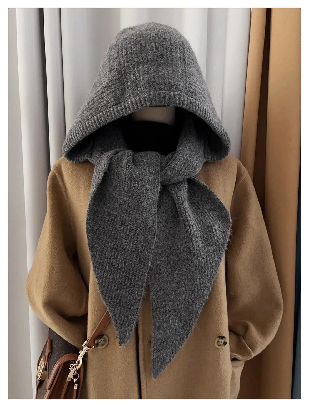 

Autumn Winter Women Knitted Hat Scarf Set Ins Style Balaclava Beanie Windproof Warm Plush Hood Outdoor Cycling Christmas Gift 1PC сірий