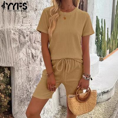 Damenmode Casual Sommer Frühling Einfarbig Druck Kurzarm O-Ausschnitt Hosen Hosen Anzüge