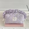 Lace checkered makeup bag, Ins minimalist niche style, high-value large-capacity cosmetic pouch, portable for travel and daily use.