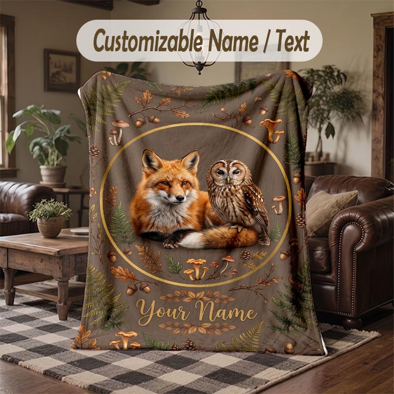 Fox Owl Flowers Theme Throw Blanket Custom Name Text Personalized Blanket Soft Cozy Blanket for Home Sofa Bed