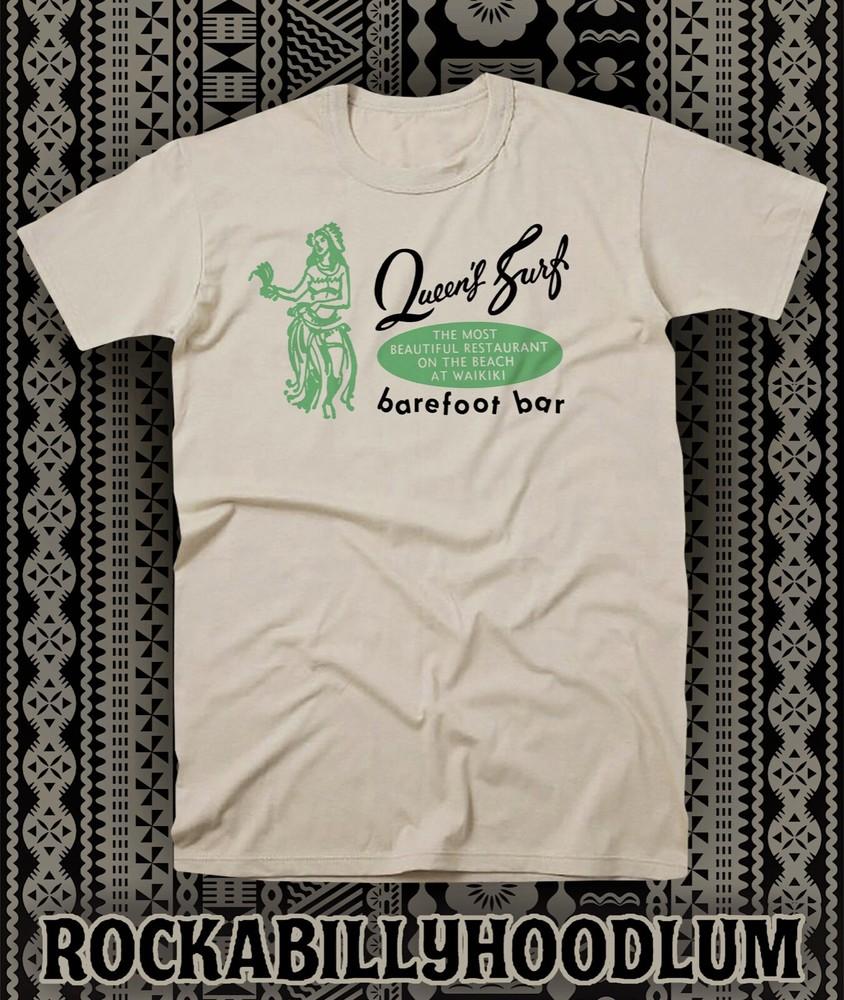 

Retro Tiki Art Tee T Shirt Barefoot Bar Mug Queens Surf Waikiki Beach HI XL