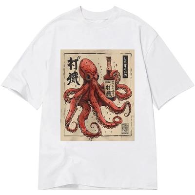 Vintage Retro Pure Cotton T-Shirt Casual Loose Osaka Octopus Classic T-Shirts Man Clothes Men's Holiday Japanese