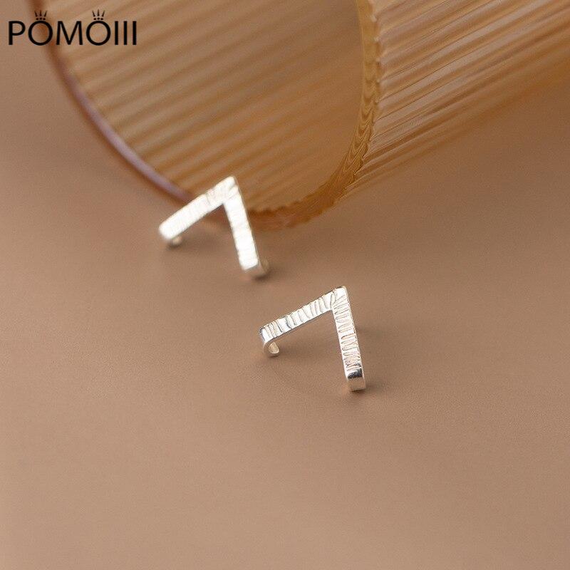 Real 925 Sterling Silver Simple V-shaped Stripe Stud Earrings for Women Men Unisex