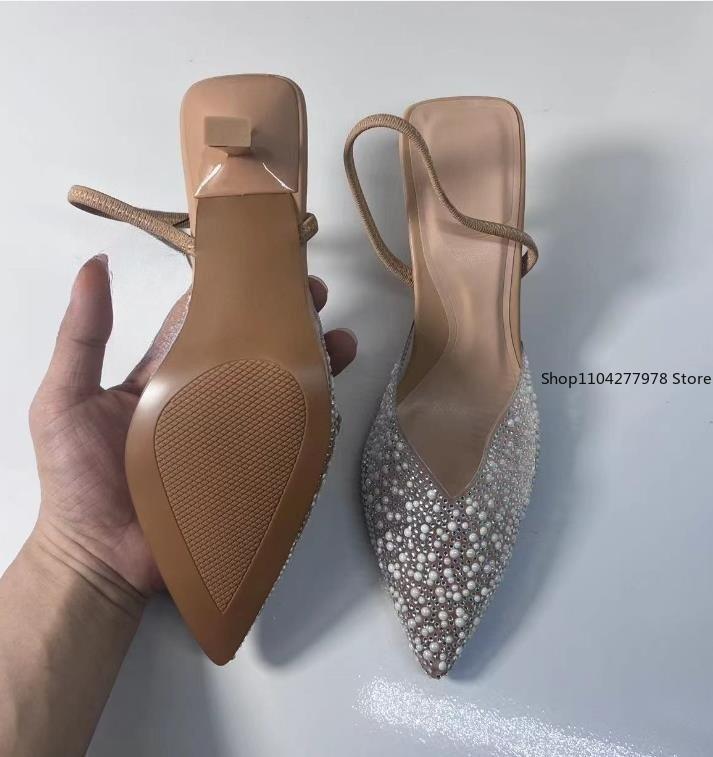 Fashion 2025 Women's High Heeled Sandals Transparent Pointed Toe Elegant Ladies Fashion Shoes Pearl Decoration Slingback Sandal Size 42