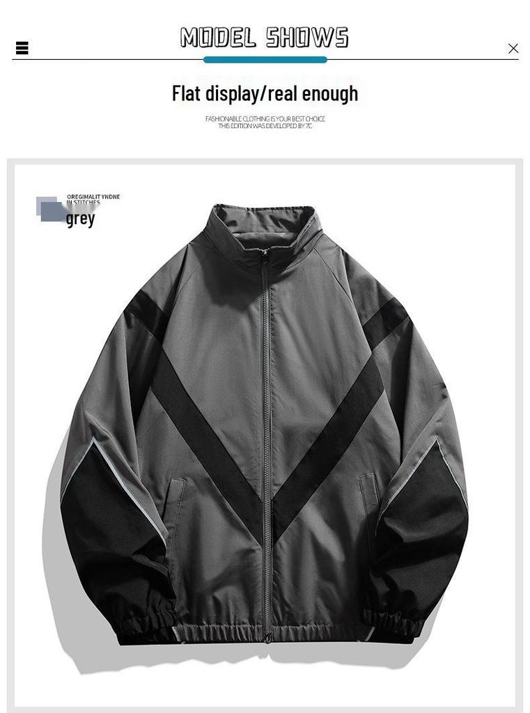 Men's Spring & Autumn Color-Block Sports Jacket with Reflective Strips - Casual Stand-Up Collar.