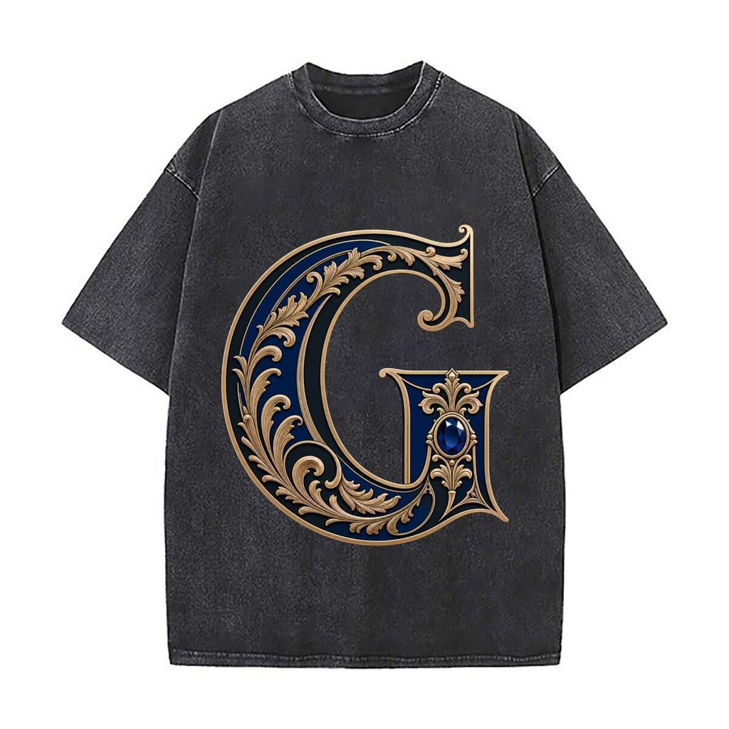 Luxury Floral Monogram Letter G Embl Daily Commute Vintage Distressed T Shirt Loose Washed Sleeve