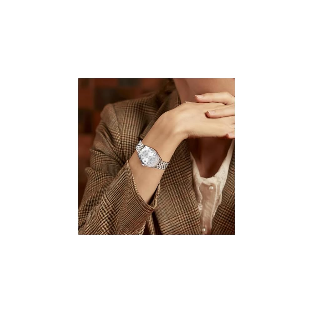 BUREI Women's Analog Quartz Watch Silver Stainless Steel Waterproof Diamond Dial Business Style