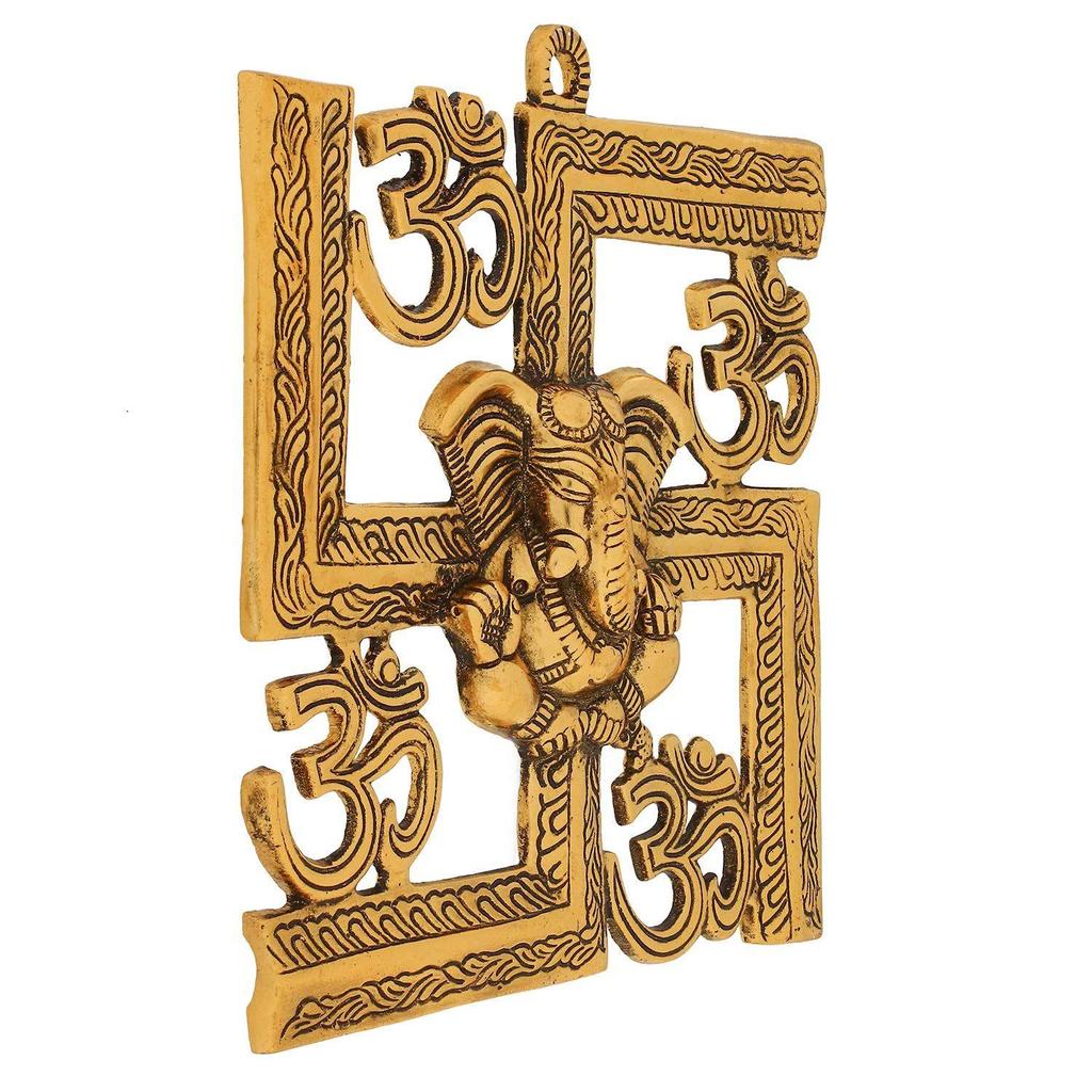 Lord Ganesha On Om Swastik Metal Golden Wall Hanging