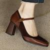 2025 New Fashion French Style Women's Black Square Toe Chunky Heel Thick Sole Buckle Slip-On Pumps Vintage Sandals for Ladies