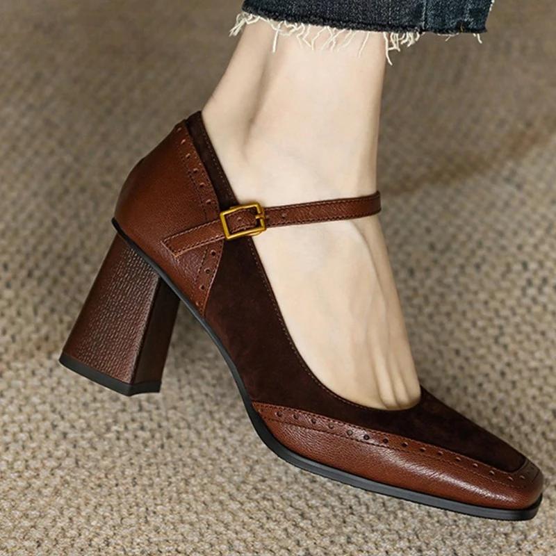2025 New Fashion French Style Women's Black Square Toe Chunky Heel Thick Sole Buckle Slip-On Pumps Vintage Sandals for Ladies