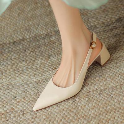 Krazing Pot Kuh Leder Spitz Dicke Med Heels Frühling Schuhe Solide Große Größe 43 Slingback Frauen Flache Pumpen