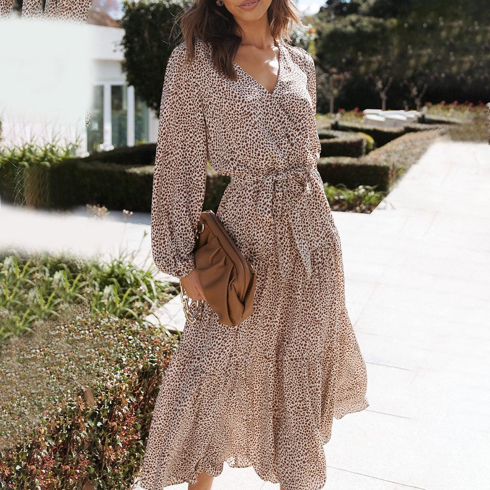 

Женское модное повседневное шифоновое богемное многослойное складное платье с v-образным вырезом и принтом на шнуровке и эластичной резинкой на талии с длинными рукавами S бежевый