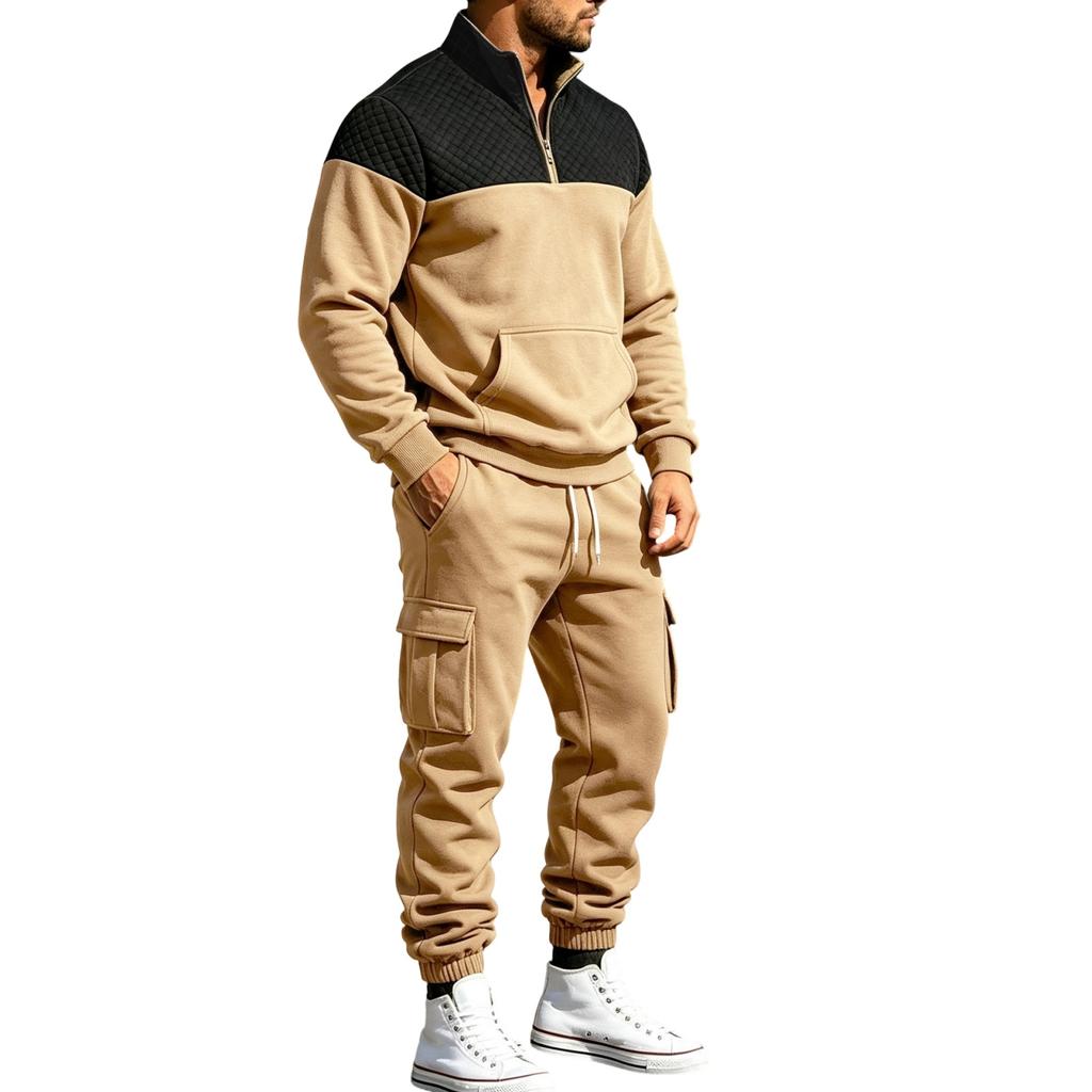 Men's Winter Hoodie and Sweatpants Set - Loose Fit Color Stand Collar Casual Tracksuit for Everyday Wear