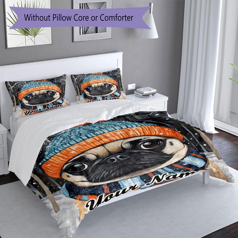 3PC Custom Name Winter Pug Portrait Bedding Set Duvet Cover Closure Includes 1 Duvet Cover & 2 Pillowcases for Bedroom