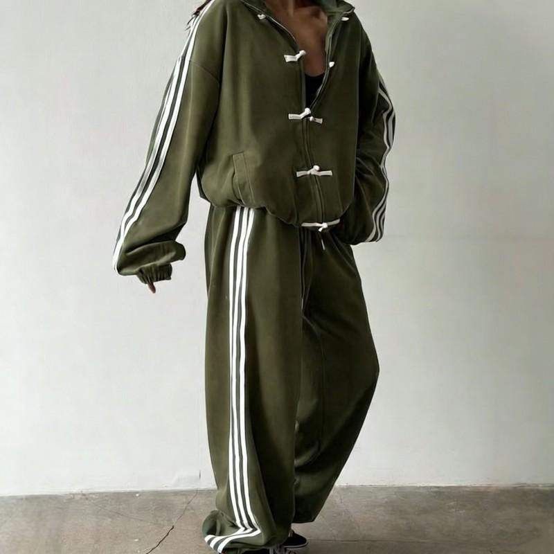 2026 Moda Żaba 3-Paski Dres Zestaw Vintage Kurtka ze Stójką Szerokie Spodnie Dresowe Damskie