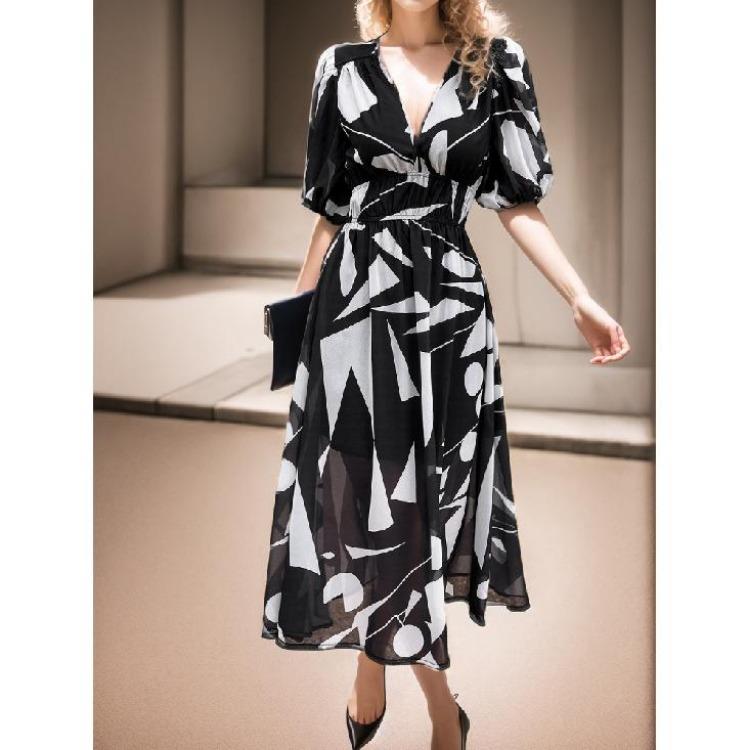 Summer Casual Boho Floral Print Midi Dress Women V Neck Short Sleeve Holiday Long Dress Fashion