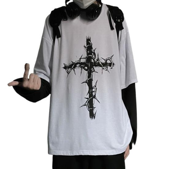 Men T-shirt Fake Two-piece Hip-hop Cross of Thorns Dark Summer Top for Daily Wear белый