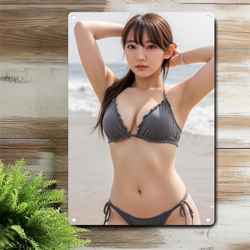 Bikini Women Metal Wall Art D Flat Comic Style Beach Poster Iron Frame Decor for Home Bar Cafe Funny Anime Fan Gift Hallowee