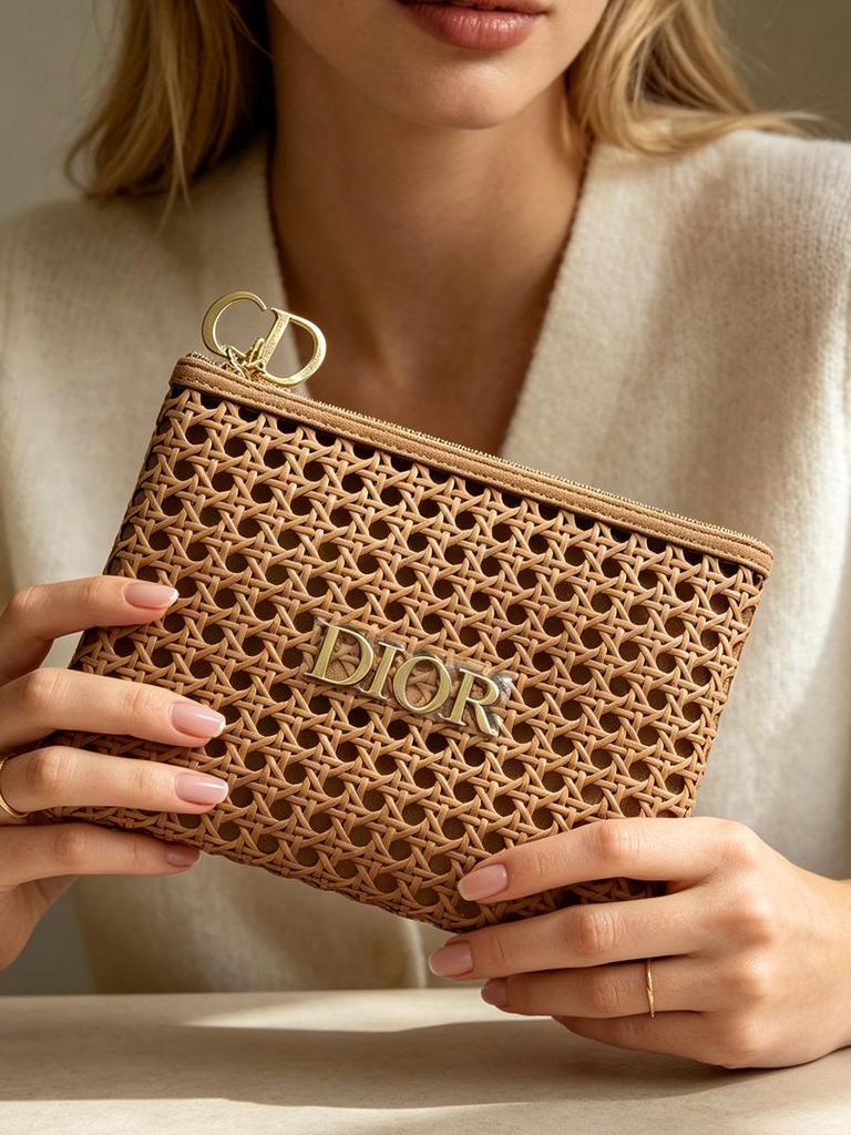 Dior Pletená síťovaná kosmetická taštička Velká kapacita 23×16 cm Zlatý zip Kosmetická taška Cestovní Dámská Denní úložná taštička