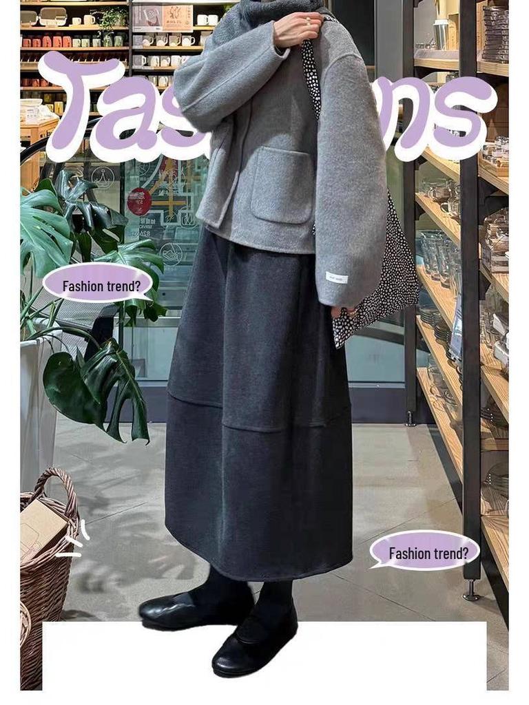 Women's Mid-Length Deep Gray Thickened Woolen Half-Skirt - Elastic Waist, Slimming, Autumn/Winter 2025.