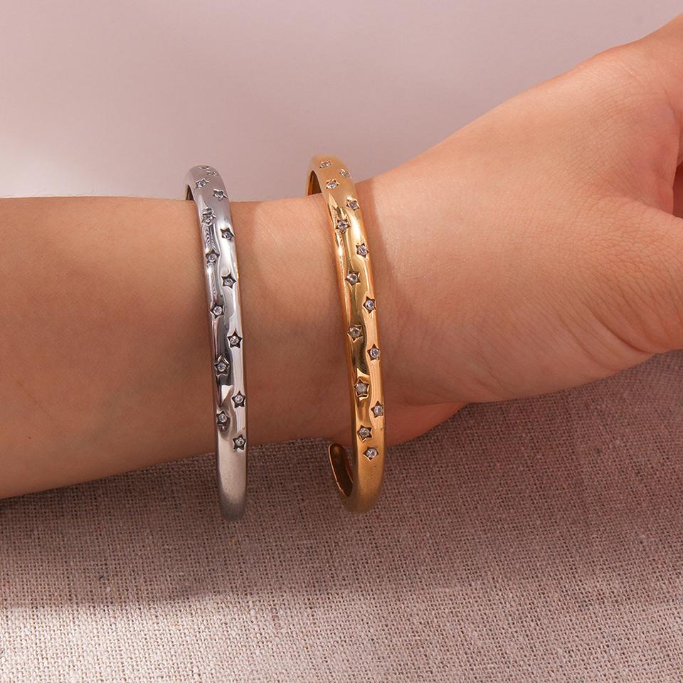 ZAKOL 18K Gold Plated Stainless Steel Open Bangle Bracelet With CZ Versatile High Quality Non Fading Cuff Bangles Zircon Gift