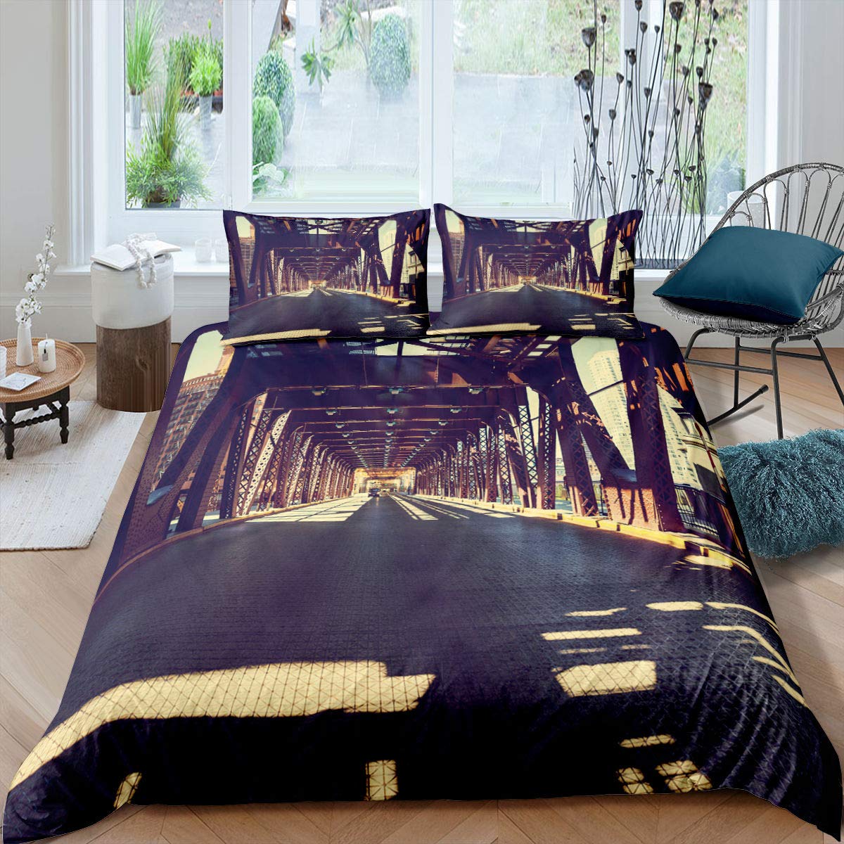 

Cityscape Duvet Cover Set New York City Night View Quilt Cover For Boys Adults Microfiber Building Bedding Set 2/3Pcs King Size EU Single(135*200cm)3pcs