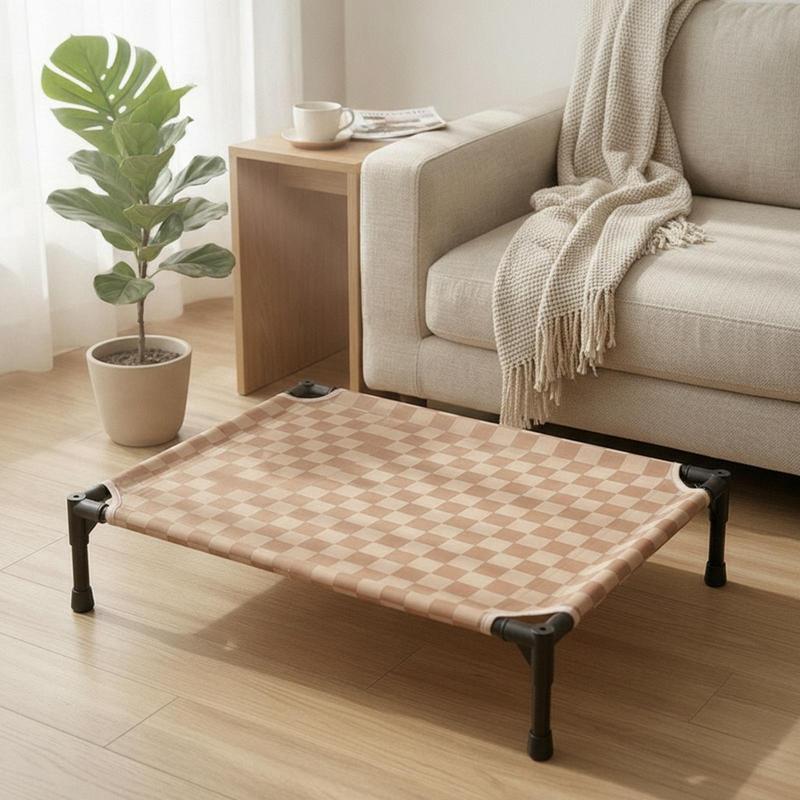 Detachable Pet Cot Raised Bed with Checkered Fabric Surface for Small Animals Sturdy Iron Frame