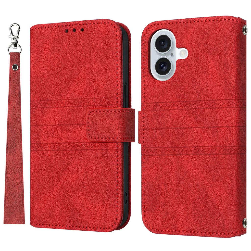 For iPhone 17 Case Wallet Skin-Touch Leather Imprinted Phone Cover with Wrist Strap