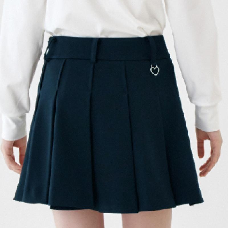 Goxo Metal Logo Flap Pleats Skirt Indigo