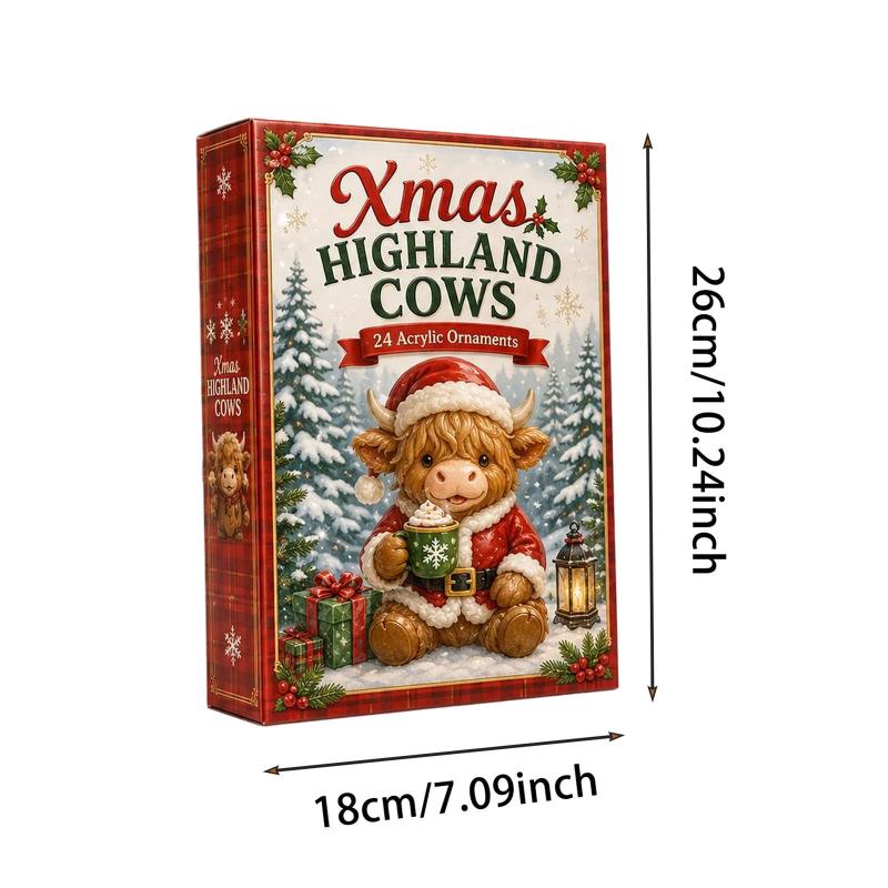 Highland Cow Advent Calendar 2026 With 24 Mini Cattle Figurines, 2D Acrylic Christmas Tree Decoration Pendant, Christmas Gift
