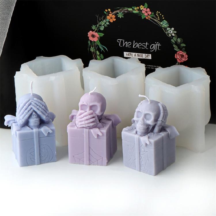 Reusable Silicone Mold Gift Box Skull Head Candle Mould Creative Aromatherapy Making Mold Festive Decoration Supplies