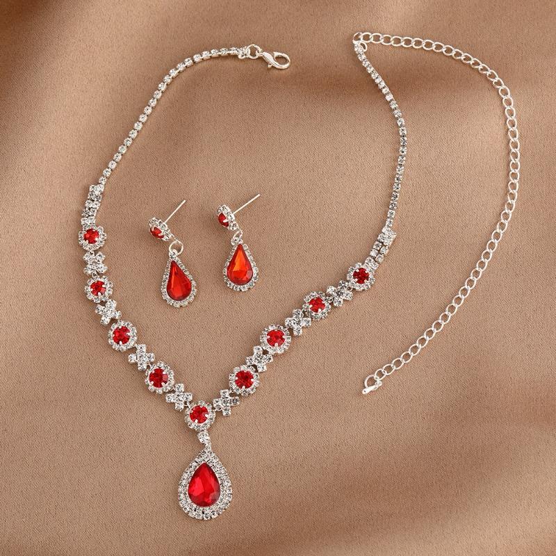 Temperament Inlaid Rhinestone Full Diamond Water Drop Necklace Earrings Two Pieces