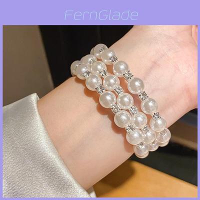 Fashion Pearl Beaded Three Layer Open Cuff Bracelet With Diamond Inlay For Women