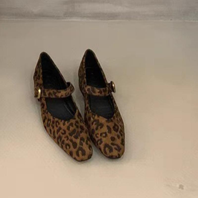Damen Klobige Einzelne Schuhe Herbst Neue Mode Eckiger Zeh Flacher Ausschnitt Wildleder Leopard Weiche Sohle Rutschfest Niedrige Schuhe