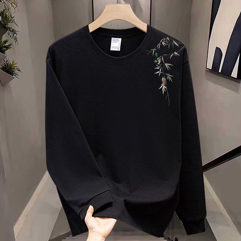 Threaded Cuffs Long Sleeves Trendy Brand Pure Cotton Men'S Bottom Shirt T-Shirt Trendy Crew Neck Men'S And Women'S Versatile Top