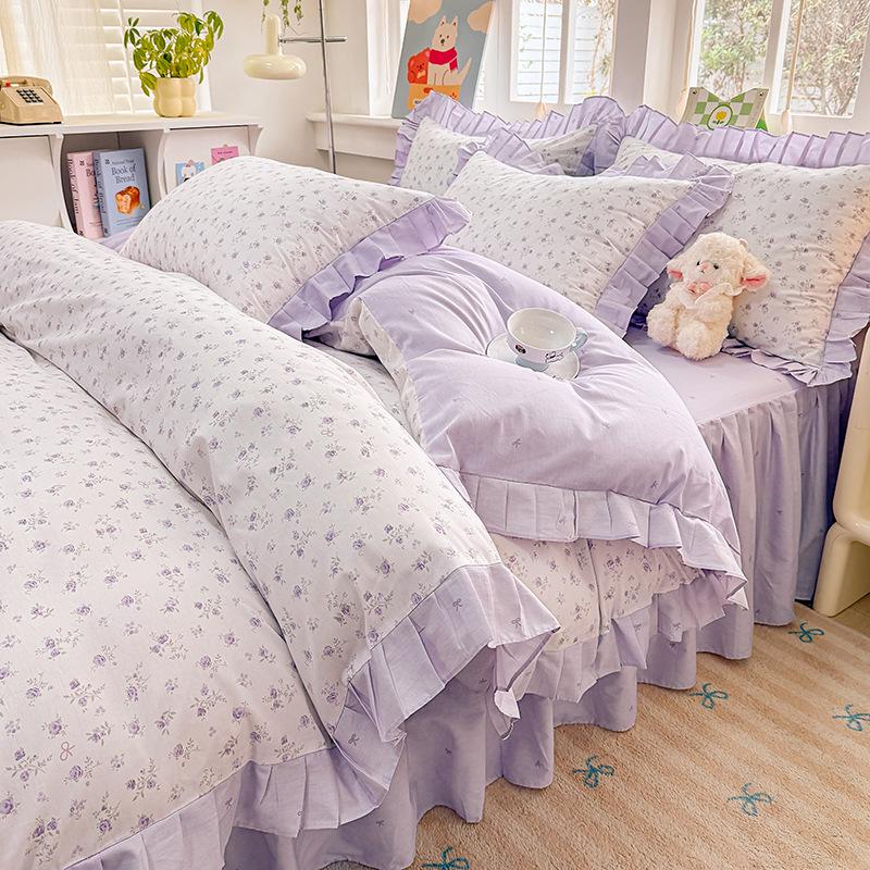 Fairy-Style Cotton Ruffled Bed Skirt & Pastoral Duvet Cover Set