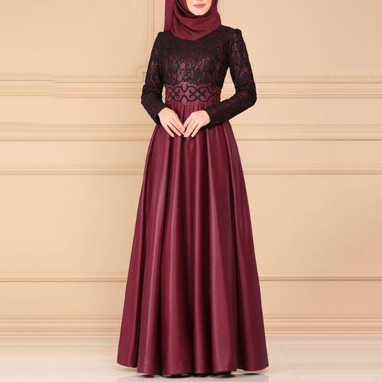 Vintage muslimské ženy krajkové patchworkové šaty Dubaj Kaftan bez hidžábu s dlouhým rukávem