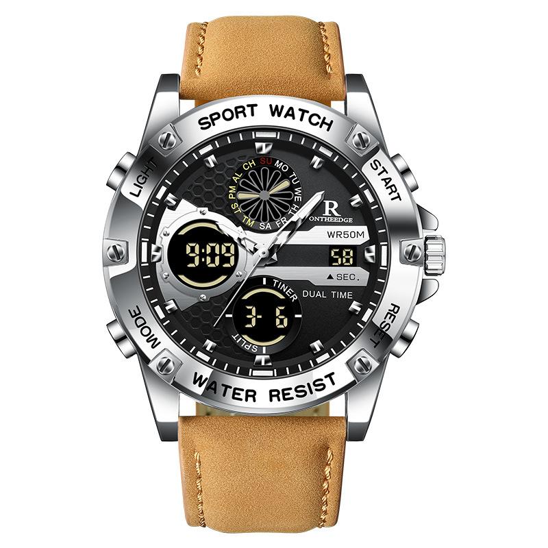 Outdoor Sport Electronics Watch for Men Leather Strap Auto Date Casual Waterproof Luminous Dual Digital Watches