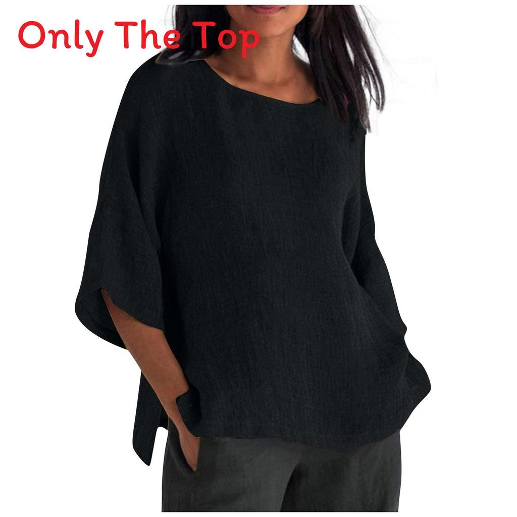 Cotton Linen Blouse For Women With Round Neck And Seven Quarter Sleeves For Casual Office Wear