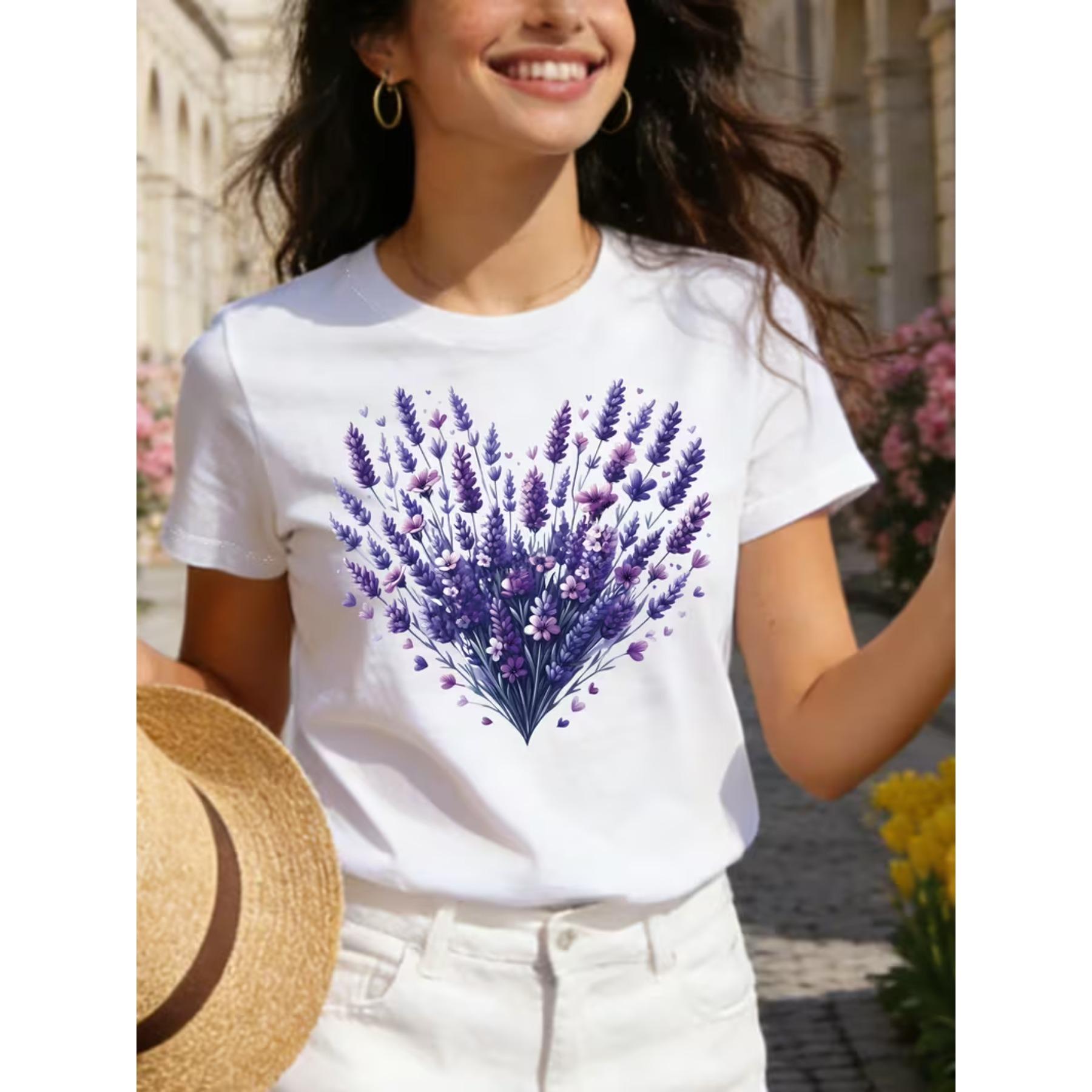 

Women s Lavender Floral T-Shirt - Pastel Purple Floral Graphic Tee, Lightweight Crew Neck Summer Top XXL