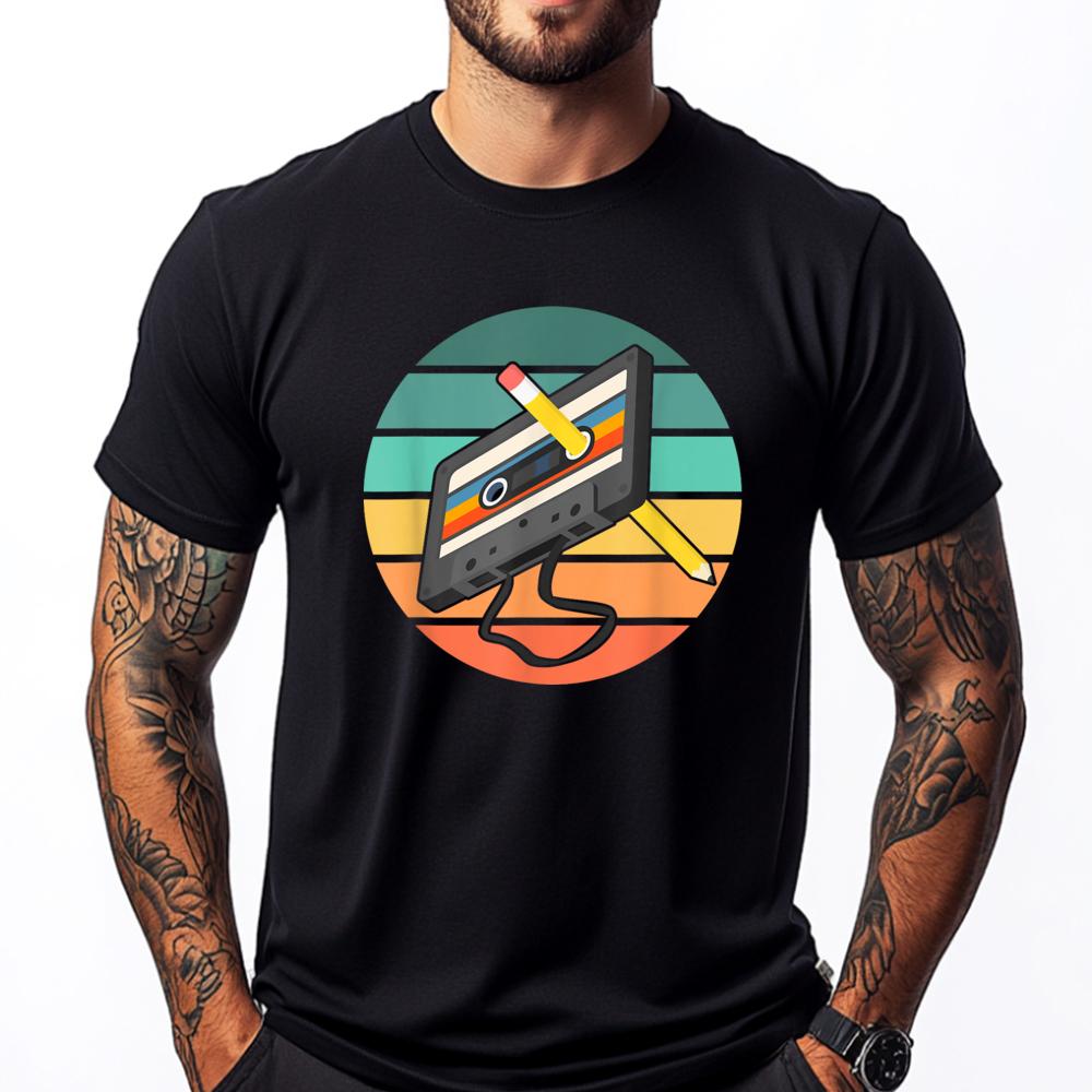 

Retro Cassette Tape Pencil 70 80 90 Music Mixtape Plus Size Men Clothing Graphic T Shirts Outdoor - Men s Summer Cotton Graph... S разноцветный